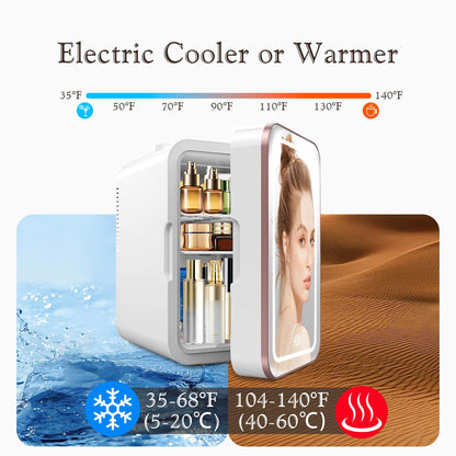 YLFU Skincare Fridge, 6L/10 Can Mini Fridge for Bedroom with Dimmable LED Mirror, Portable Cooler & Warmer Small Compact Refrigerator for Skincare, Cosmetics, Bedroom and Office, White