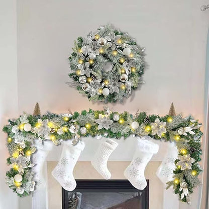 WANNA-CUL Pre-Lit 24 Inch Lighted Christmas Wreath for Front Door Decor with Silver White Christmas Ball Ornaments and Poinsettia Flowers,Battery Operated 30 LED Lights