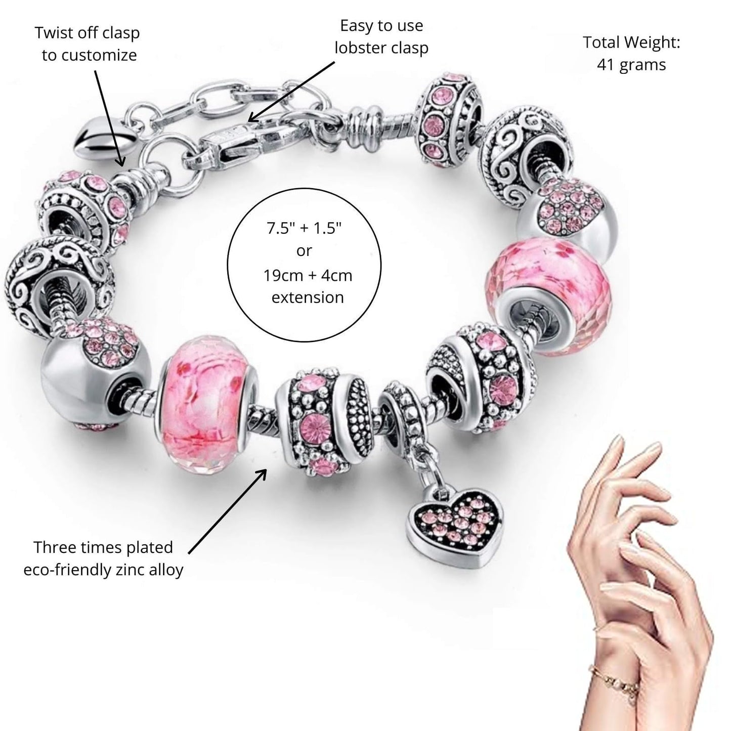 VTEAS 2 Pack Charm Bracelets Pink and Gold Heart Silver Plated Charm Bracelet, DIY Jewelry for Women Gifts, with Beads, Crystal, Charms, Love and Adjustable Snake Chain, Fits 7.5"+1.5"