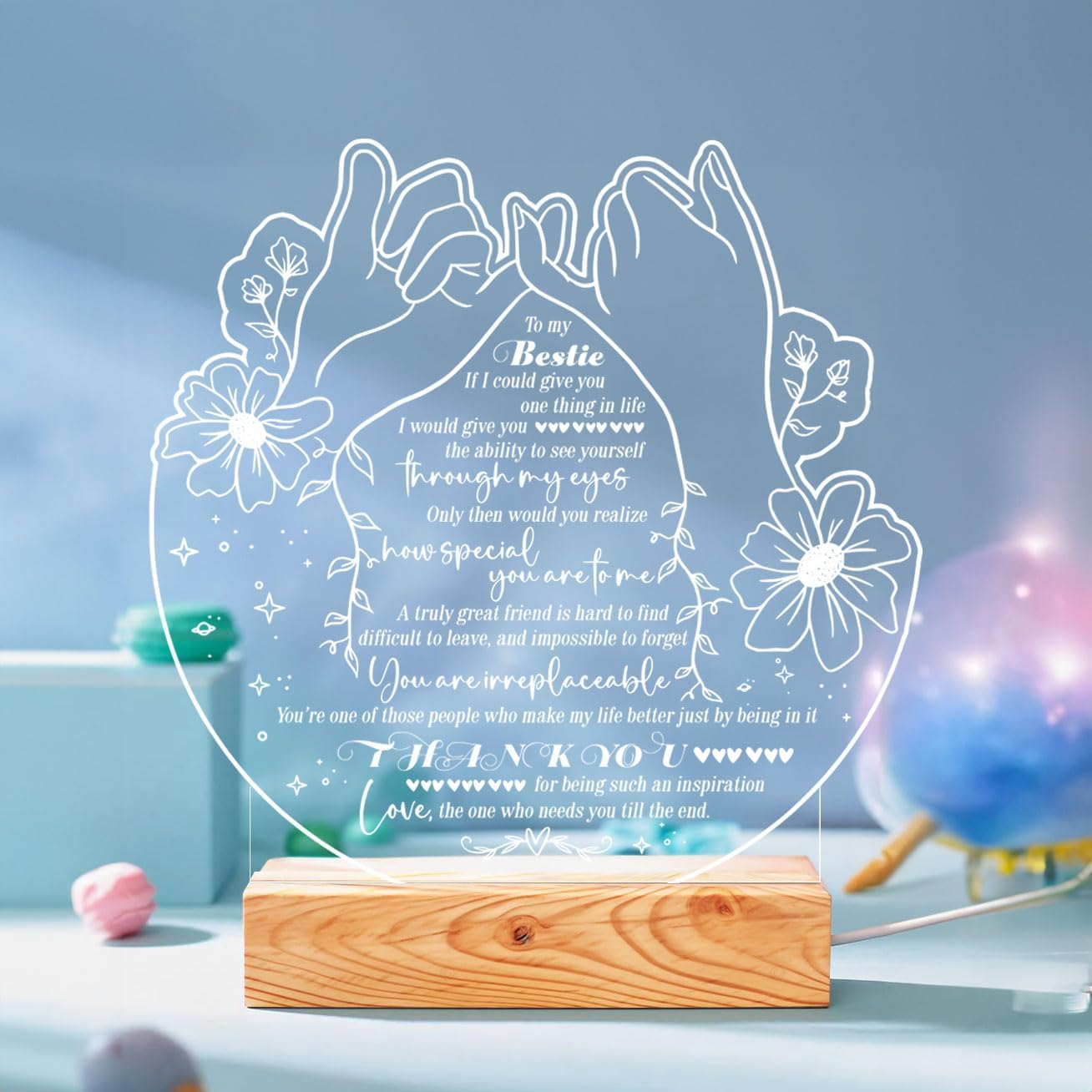 Bestie Gifts Heartfelt LED Night Light for Best Friend - Bestie Birthday Gifts - USB Powered Lamp with Pinky Promise Design and Touching Message - Wooden Base - Perfect Friendship Gift for Home Decor