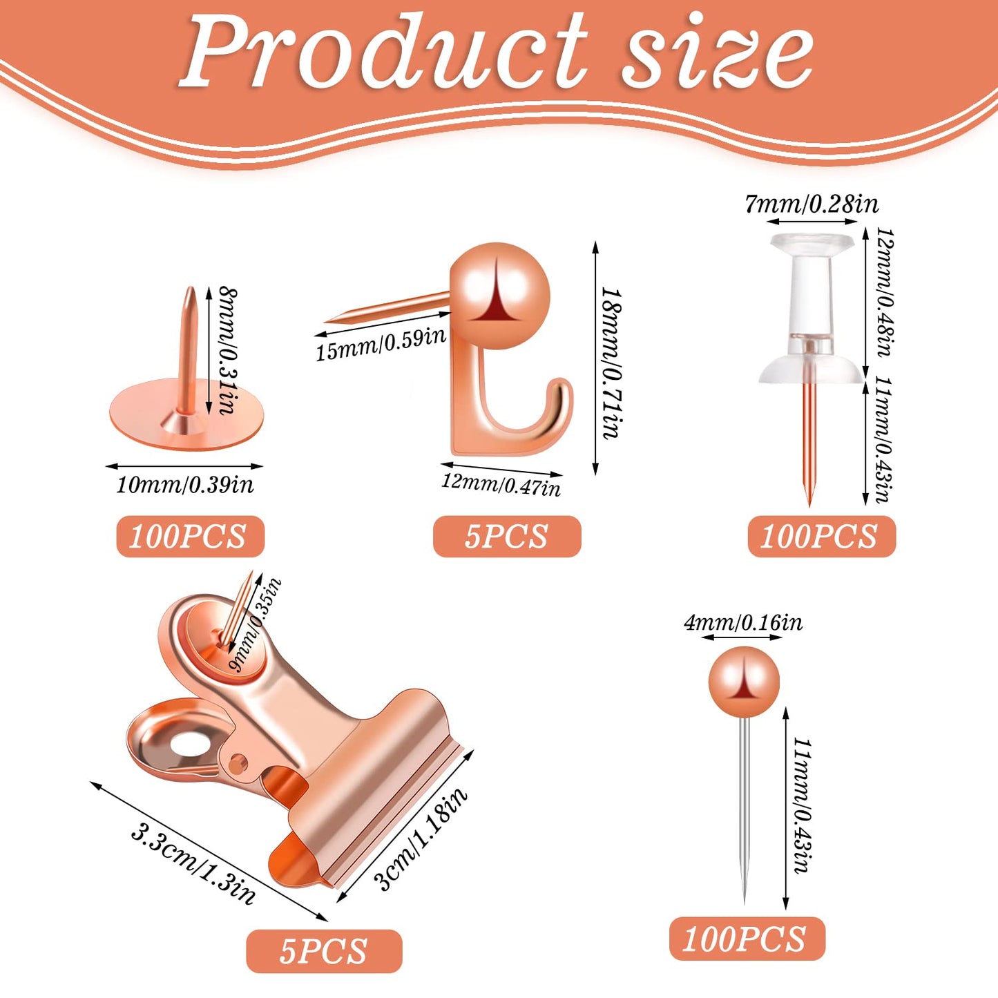 310 Pcs Rose Gold Push Pins Set, Thumb Tacks Decorative Push Pins for Cork Board with Push Pin Hook Pushpin Clip 5 Style Office Accessories for Cork Board Map Office (Rose Gold)