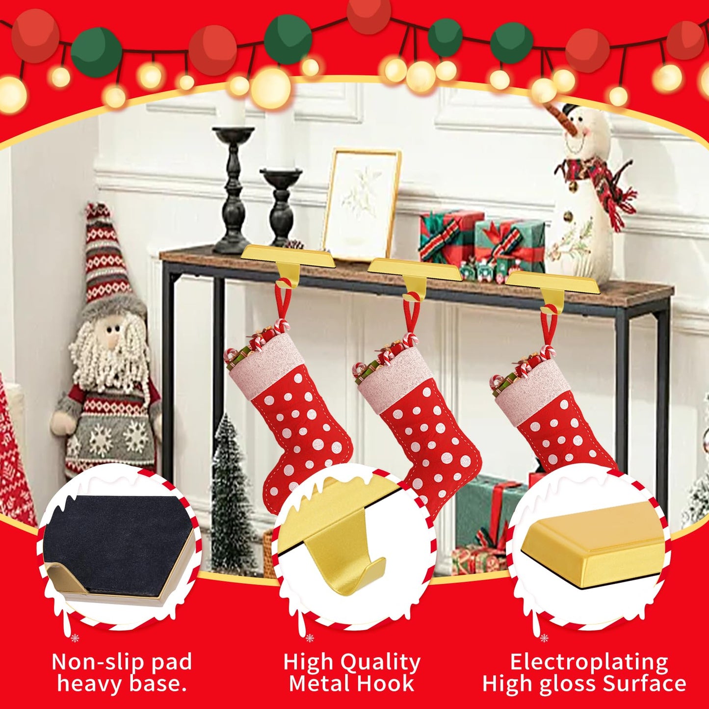Oleitodh 8 Pack Metal Gold Christmas Stocking Holders for Mantle Heavy Duty Stocking Hangers Stocking Hook Christmas Ornaments for Counter Tables Window Fireplace Mantle Decoration