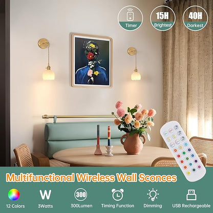 Battery Operated Wall Sconce with White Tulip Shade Pattern Glass Adjustable Chain Retro Gold Wall Mounted Light, Modern Wall Lamp Fixtures Decor for Bedside Bedroom Indoor Doorway
