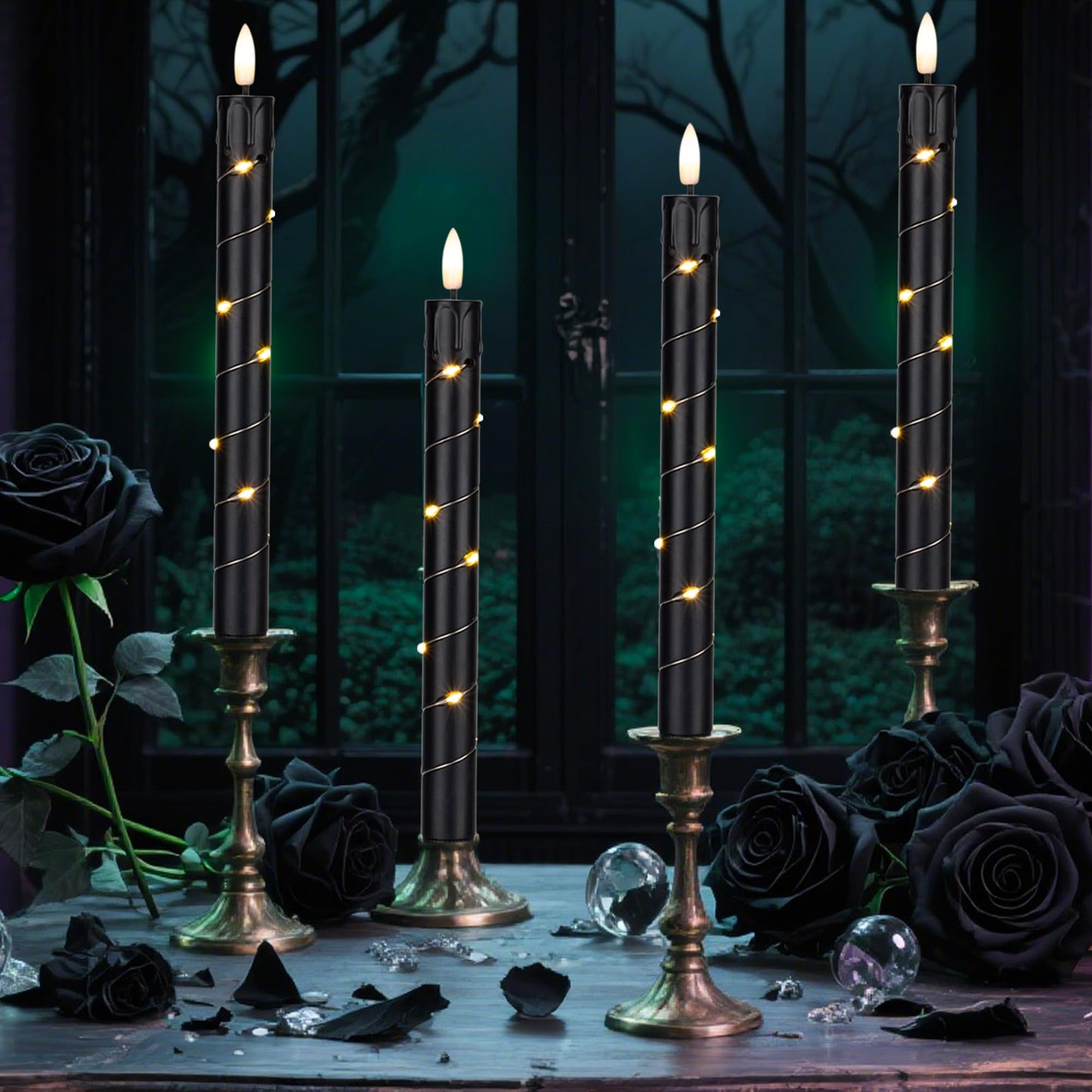 Flameless LED Taper Candles Flickering with Remote & Timer for Halloween Decorations，Battery Operated Candles, Arounded with Starlight String, Party & Home Decoration, Pack of 6,Black