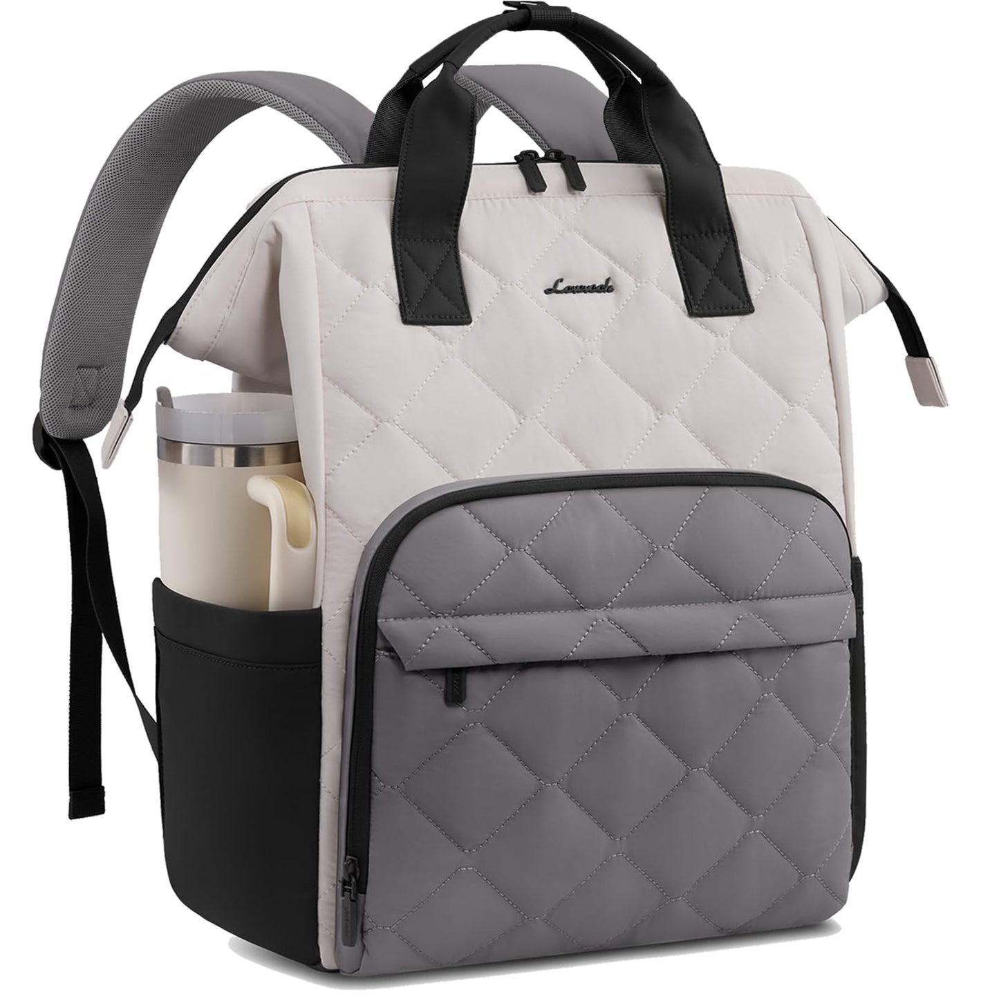 LOVEVOOK Laptop Backpack for Women, 15.6 inch Work Travel Backpack Purse, Puffer Quilted Laptop Backpack Casual Daypack for Nurse Teacher，Black-White-Gray