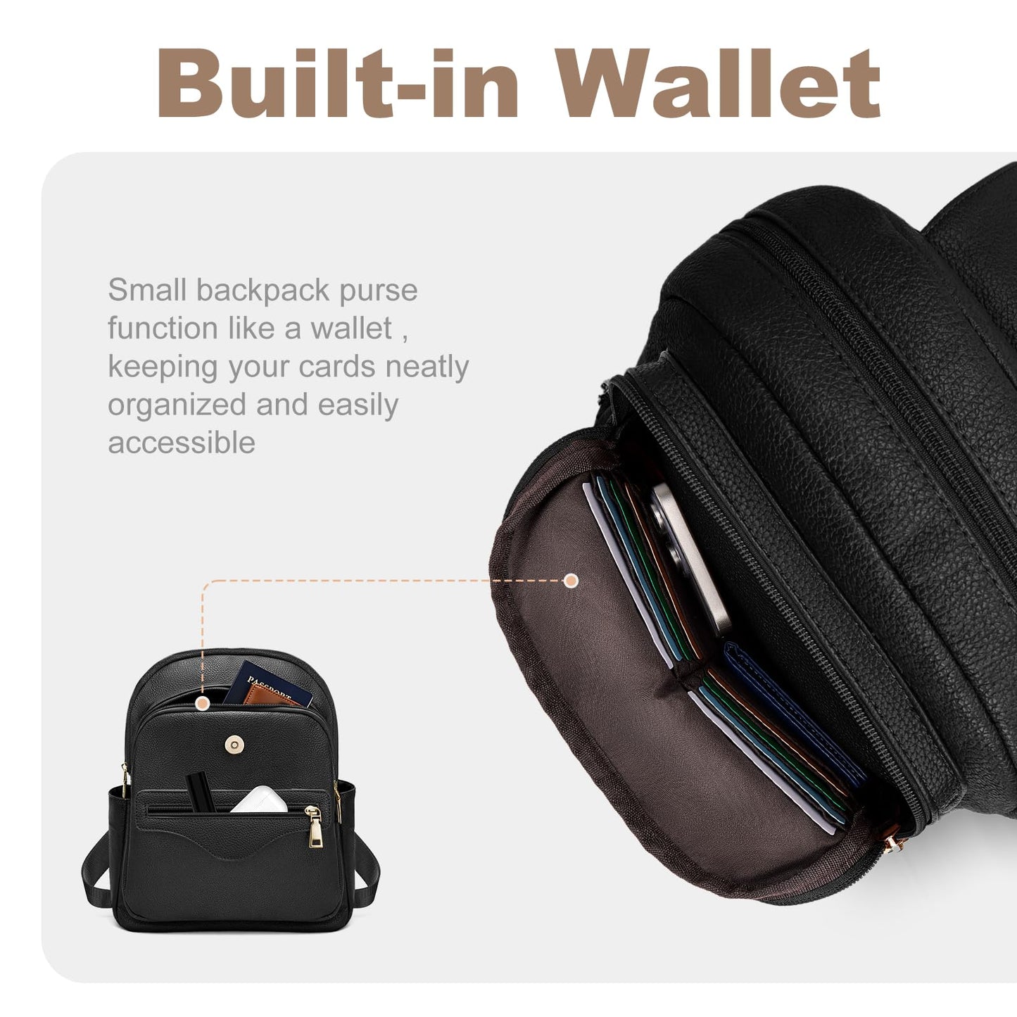 SYTRAH Mini Backpack Purse for Women, Causal Small Backpack with Built-in RFID Wallet & 11" Tablet Sleeve, Stylish Travel Daypack for Daily Black