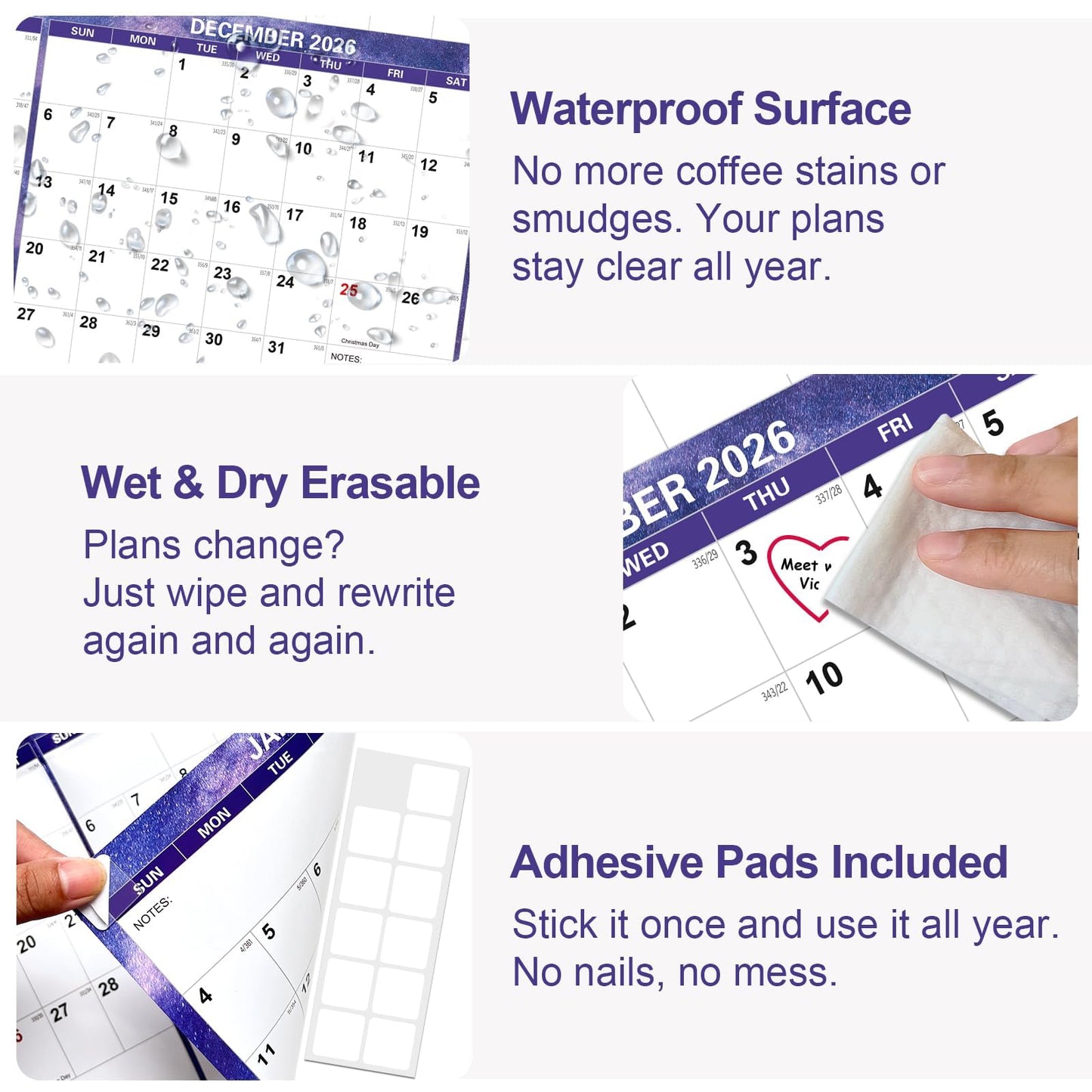 32" x 48" 2026 Wall Calendar Dry Erase - Folded Large Starry Sky Wall Calendar 2026, Wet & Dry Erasable, Laminated 12-Month Annual Yearly Planner, Reversible, Horizontal/Vertical, Purple