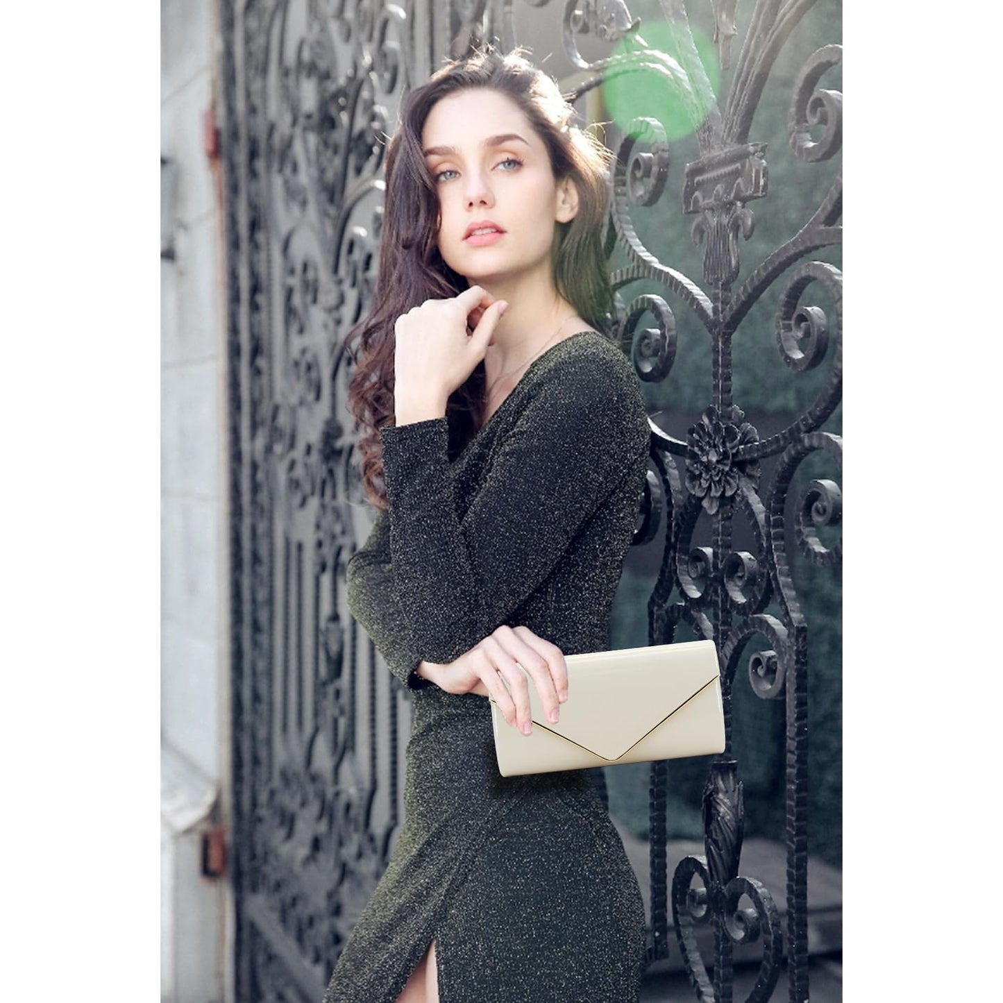 Dexmay Envelope Clutch Purse for Women Shiny Patent Leather Foldover Evening Bag Formal Handbag Ivory