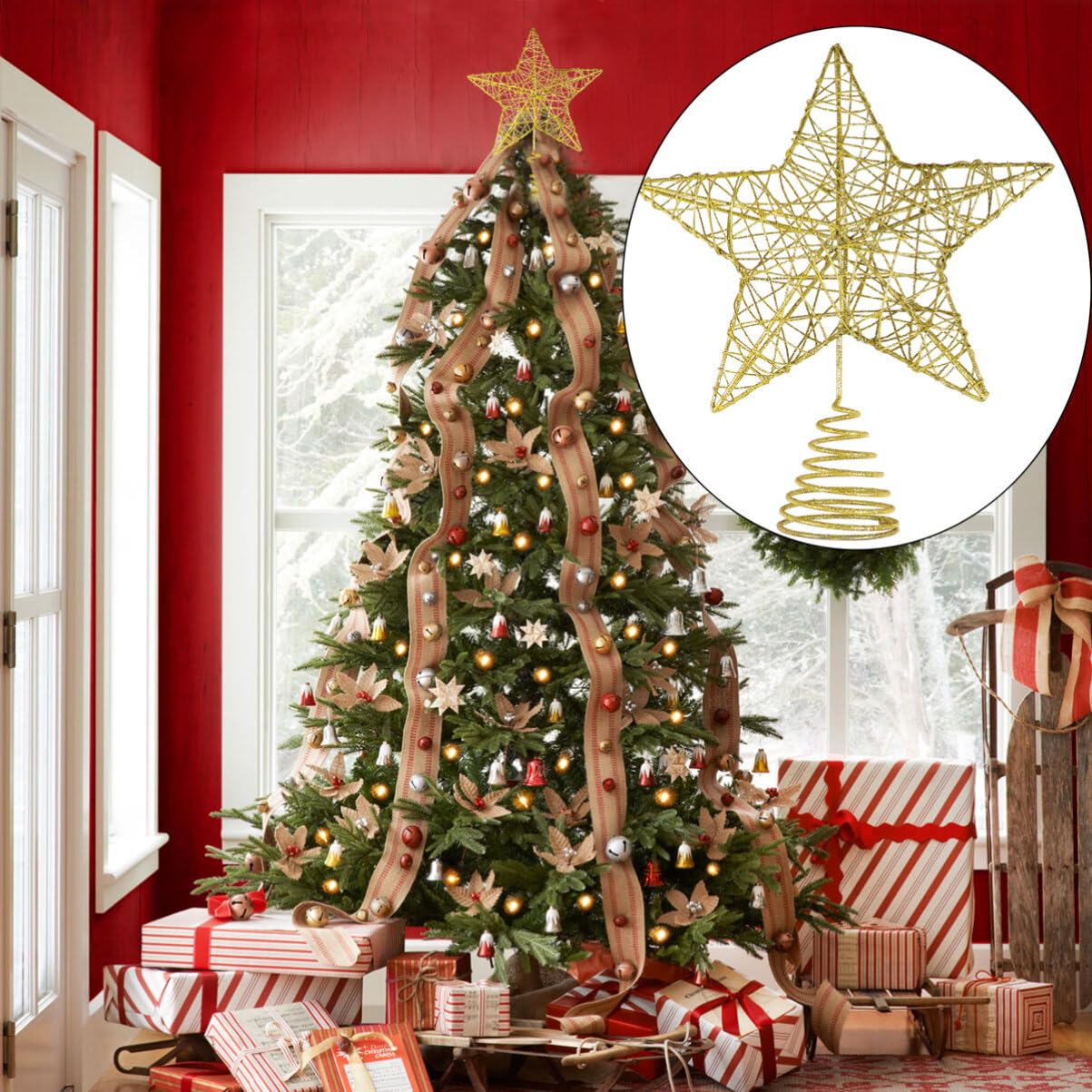 Unomor 10 Inch Christmas Star Tree Toppers – Gold Glittered Metal Hallow Design Tree Topper Star for 6ft to 7ft Christmas