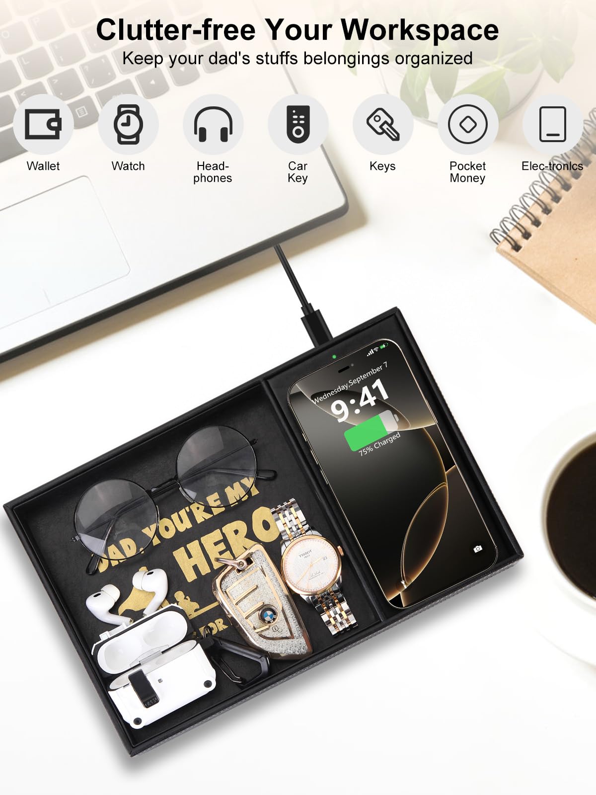 Leather Valet Tray with Integrated Wireless Charger -EDC Nightstand Organizer for Men - Premium Catchall Tray for Phone, Watch, Keys - Aesthetic Office Desk Accessories