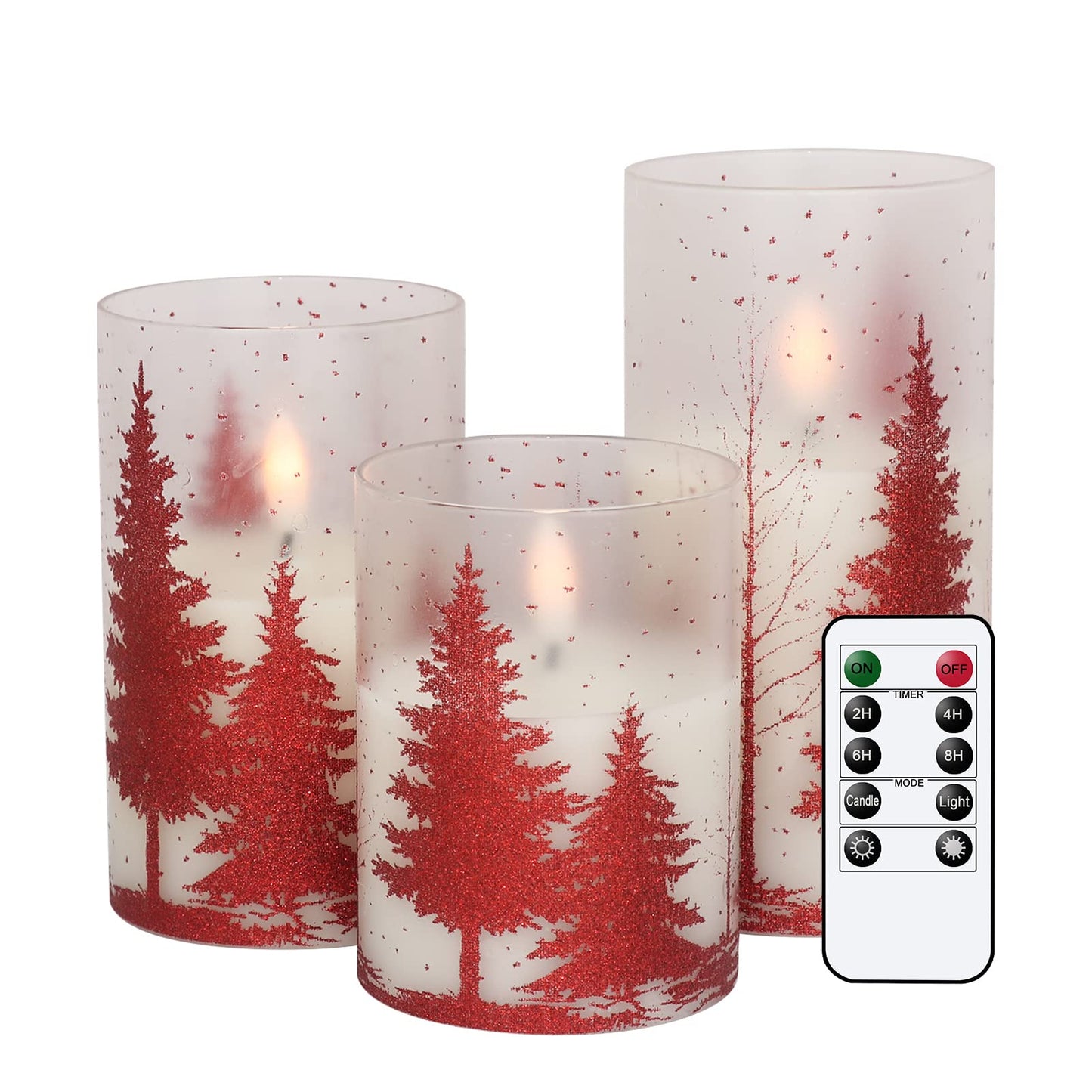 DRomance Christmas Tree Glass Flameless Candles with Remote Timer Battery Operated Real Wax 3D Wick LED Flickering Pillar Candles Christmas Holiday Decor(Red, 3 x 4,5,6 Inch)