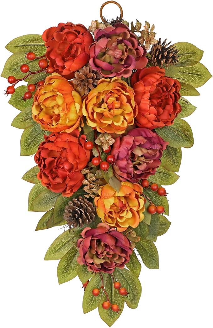 Fall Teardrop Swag with Peonies – 23.6 Inch Artificial Hanging Floral Wreath with Berries & Leaves for Thanksgiving Autumn Decoration