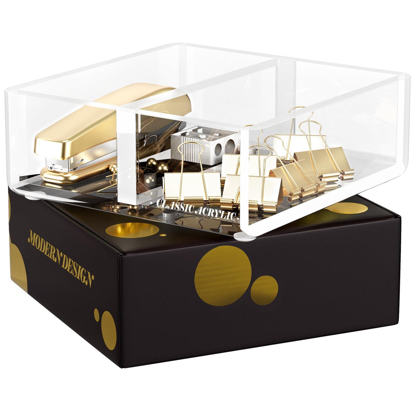 CLASSIC ACRYLIC Paper Clip Holder w/ Adjustable Compartment includes Premium Gift Box. Great Gift for Christmas. Durable & Stylish Desk Organizer for Office Supplies & Sticky Note/Post it Note Holder.