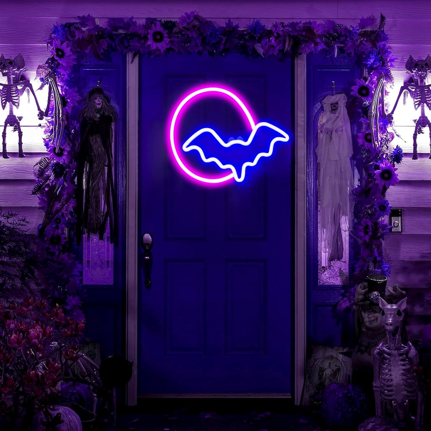 2 Pack Halloween Decoration LED Neon Sign Light,Ghost/Bat and Moon Lights Hanging Neon Signs for Halloween Party Indoor Home Window Decorations (Batteries not Included)