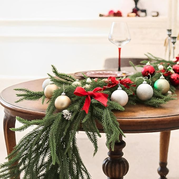 9FT Artificial Norfolk Pine Garlands for Christmas Decorations,Real Touch Winter Faux Greenery Garlands for Mantel Table Stair Fireplace Wall Holiday Indoor Outdoor Decor(1 Pack)