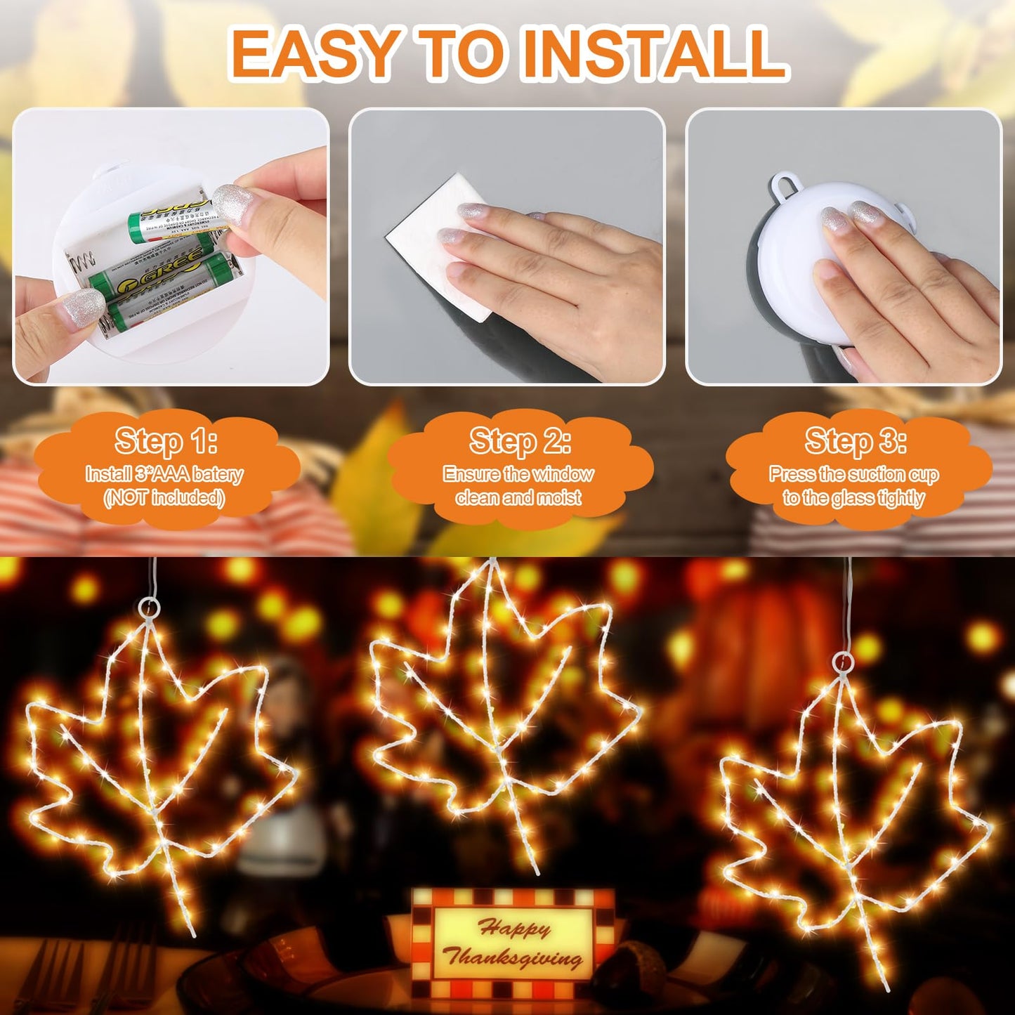 (New) Cerflyer Fall Decoration, Thanksgiving Window Lights with Suction Cup, Metal Frame Maple Leaf Silhouette Lights for Window Wall Home Fall Thanksgiving Décor, Battery Operated - 3 Pack