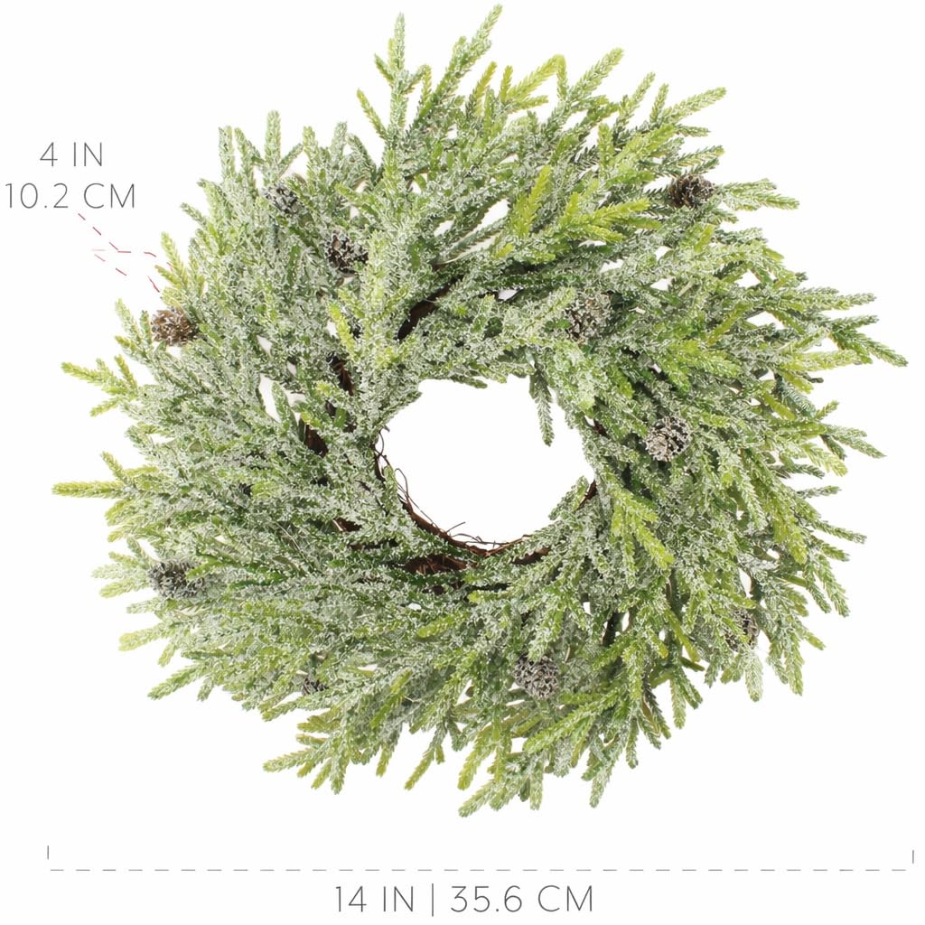 AuldHome Design Artificial Christmas Wreaths (2-Pack, 14-Inch); Evergreen Flocked Greenery w/Pinecones for Doors, Stairways and Windows, Indoor/Outdoor