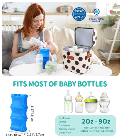 PIIOSER Breastmilk Cooler Bag with Ice Pack, Fits 6 Baby Bottles Up to 9 Oz, Stylish Baby Cooler Travel Bags with Shoulder Strap, Double Layer & Leakproof for Nursing & Working Moms, Black Polka Dots