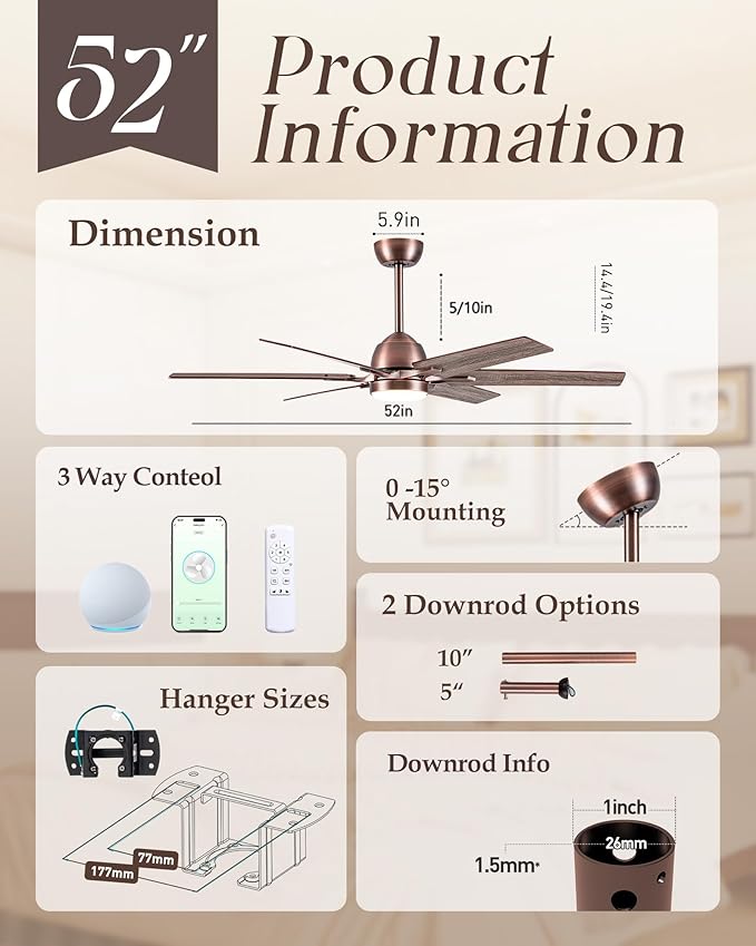 52" Oil Rubbed Bronze Smart Ceiling Fan with Light via WiFi Alexa,6-Speeds Quiet DC Motor,Dimmable,Outdoor Antique Bronze Large Ceiling Fan for Living Room,Bedroom,Dual Finish 6 Blades