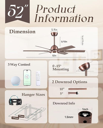 52" Oil Rubbed Bronze Smart Ceiling Fan with Light via WiFi Alexa,6-Speeds Quiet DC Motor,Dimmable,Outdoor Antique Bronze Large Ceiling Fan for Living Room,Bedroom,Dual Finish 6 Blades