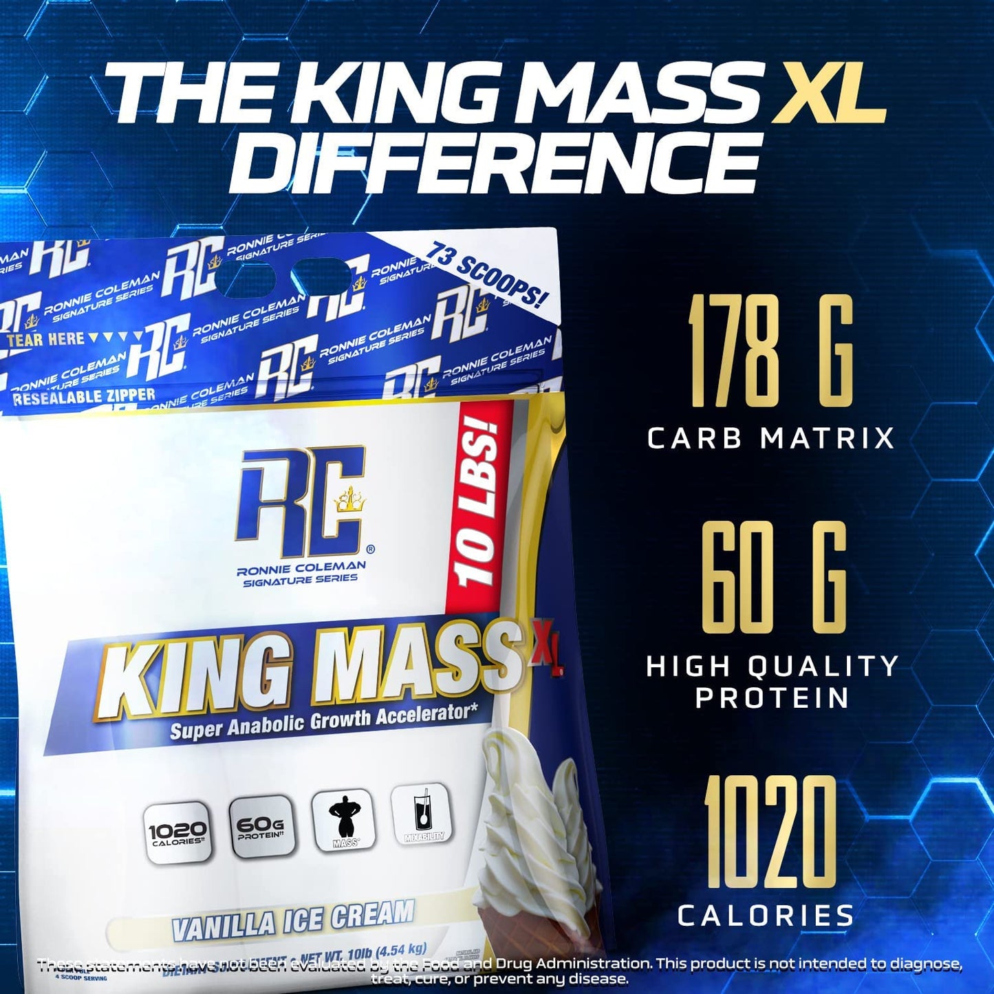 Ronnie Coleman Signature Series King Mass XL Mass Gainer Protein Powder – Dark Chocolate Weight Gainer with 60g Protein, 180g Carbohydrates, 1,000+ Calories, Creatine & Glutamine – 10 Pound
