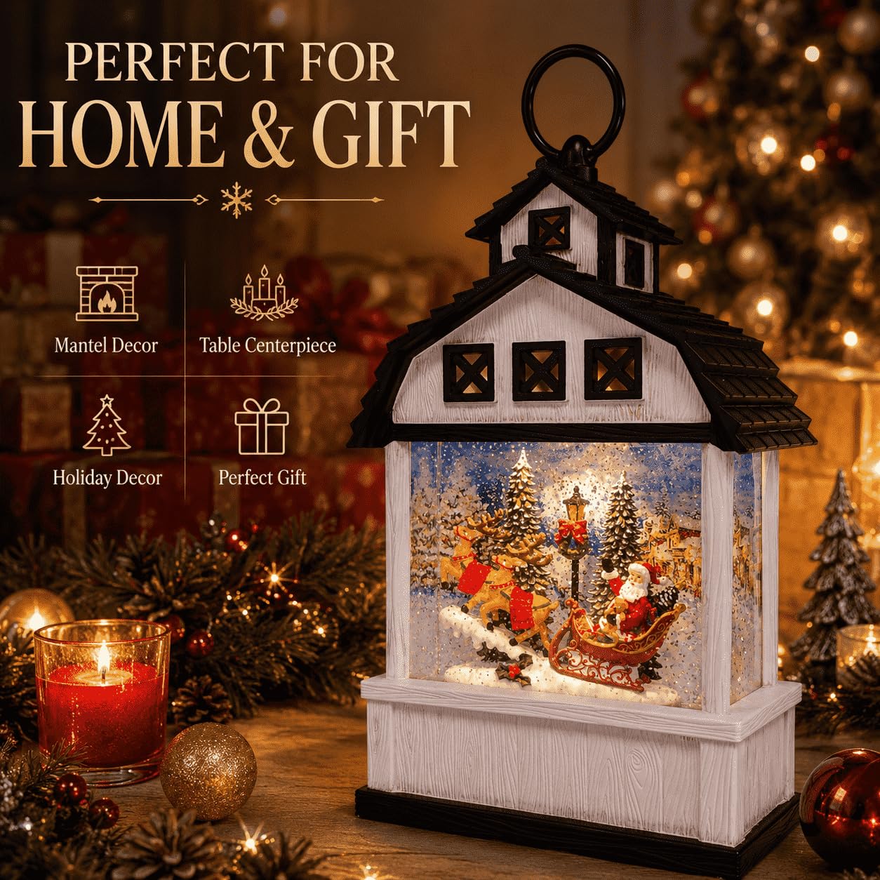 12.6" Christmas Snow Globe Lantern, White Barn Water Glittering Lantern with Santa Sleigh & Reindeer, Lighted Christmas Lantern with 6H Timer, Battery Operated Farmhouse Holiday Tabletop Decor Gift