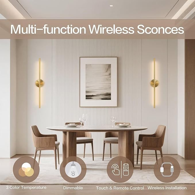 Rechargable Wall Sconce Set of Two, Modern Wireless Brass Wall Light Sconce with Remote, 28.35Inch Dimmable Indoor Home Wall Decor Lights for Bedroom, Living Room, Hallway (Bronze/Round)