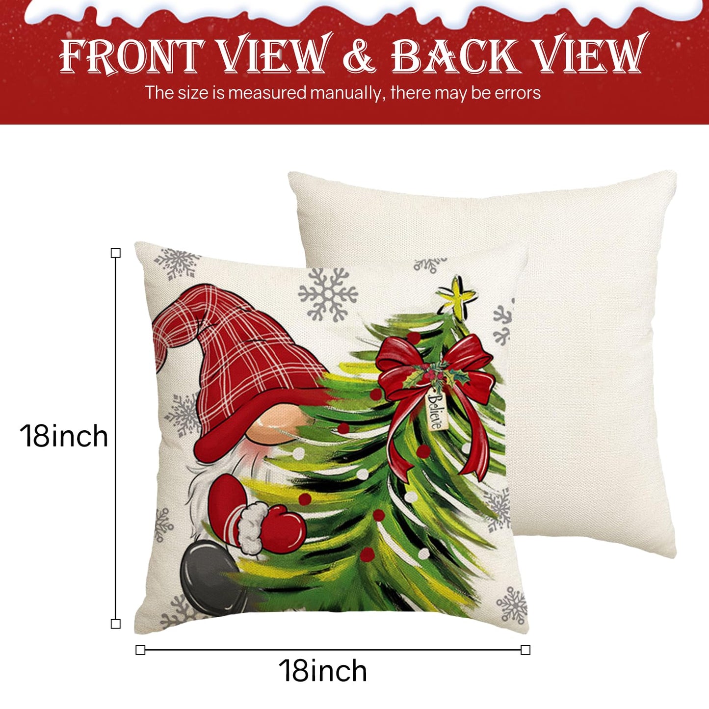 Aursaos Merry Christmas Hello Winter Holiday Pillow Covers 18x18 Set of 4, Red Gnome Green Tree Snowflake Decorative Throw Pillow Case for Couch Sofa Living Room