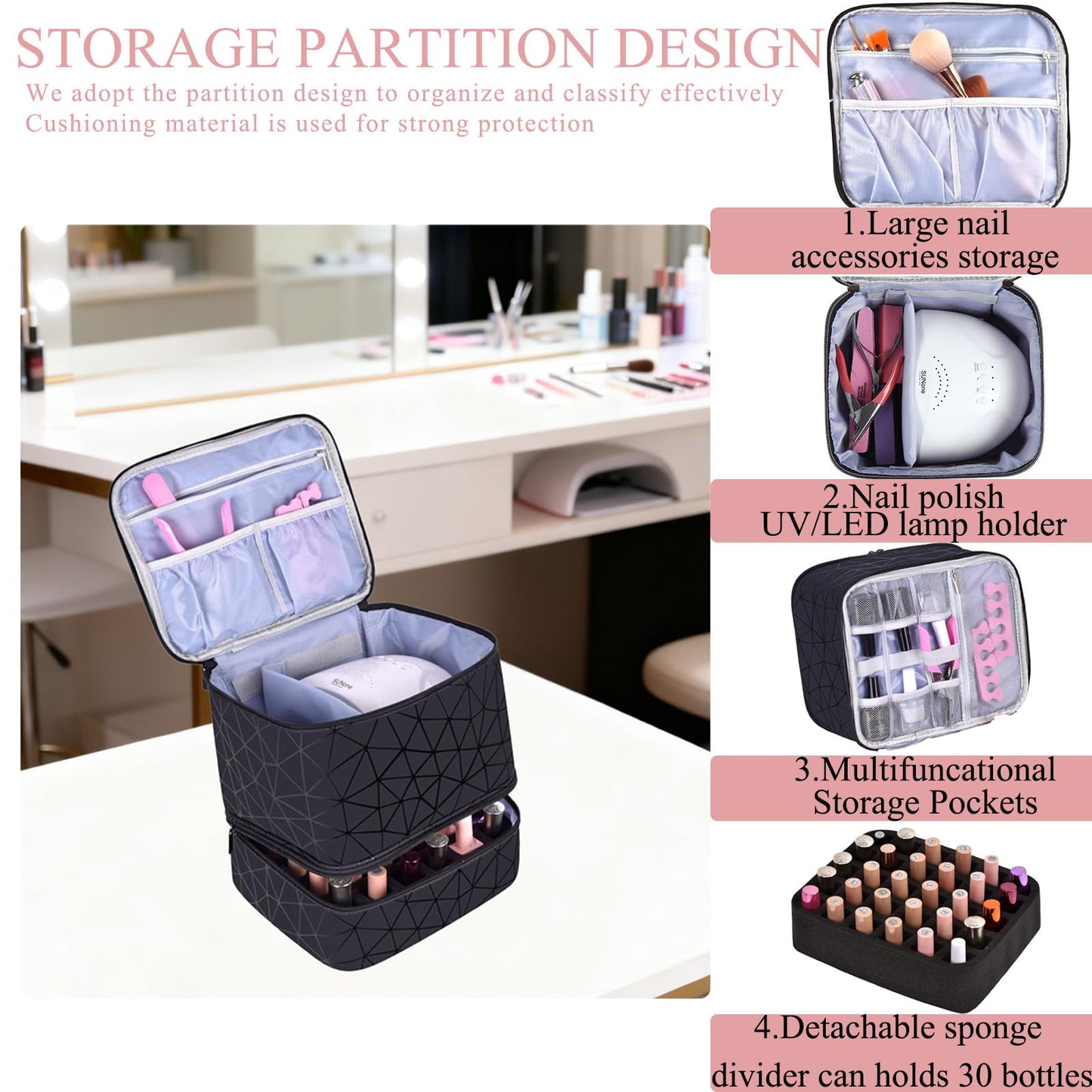 RZMAYIS PU Leather Nail Polish Organizer, Double Layer Nail Polish Storage Holds 30 Bottles (15ml/0.5fl.oz) & Nail Lamp, Portable Nail Bag Organizer Case for Nail Tech Travel & Manicure Kit