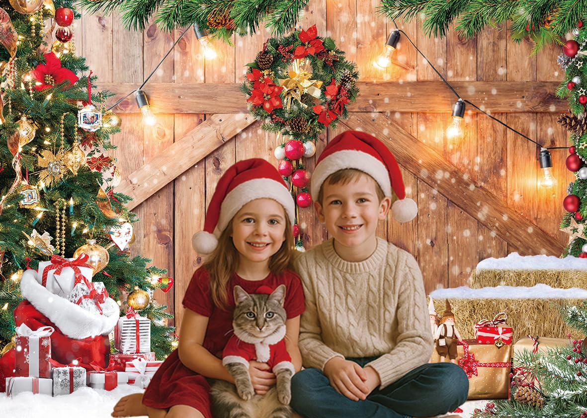 LTLYH 8x6ft Christmas Barn Backdrop Xmas Tree Snow Gift Wall Floor Party Photo Background Winter Holiday Family Supplies Banner Decoration Studio Props 164