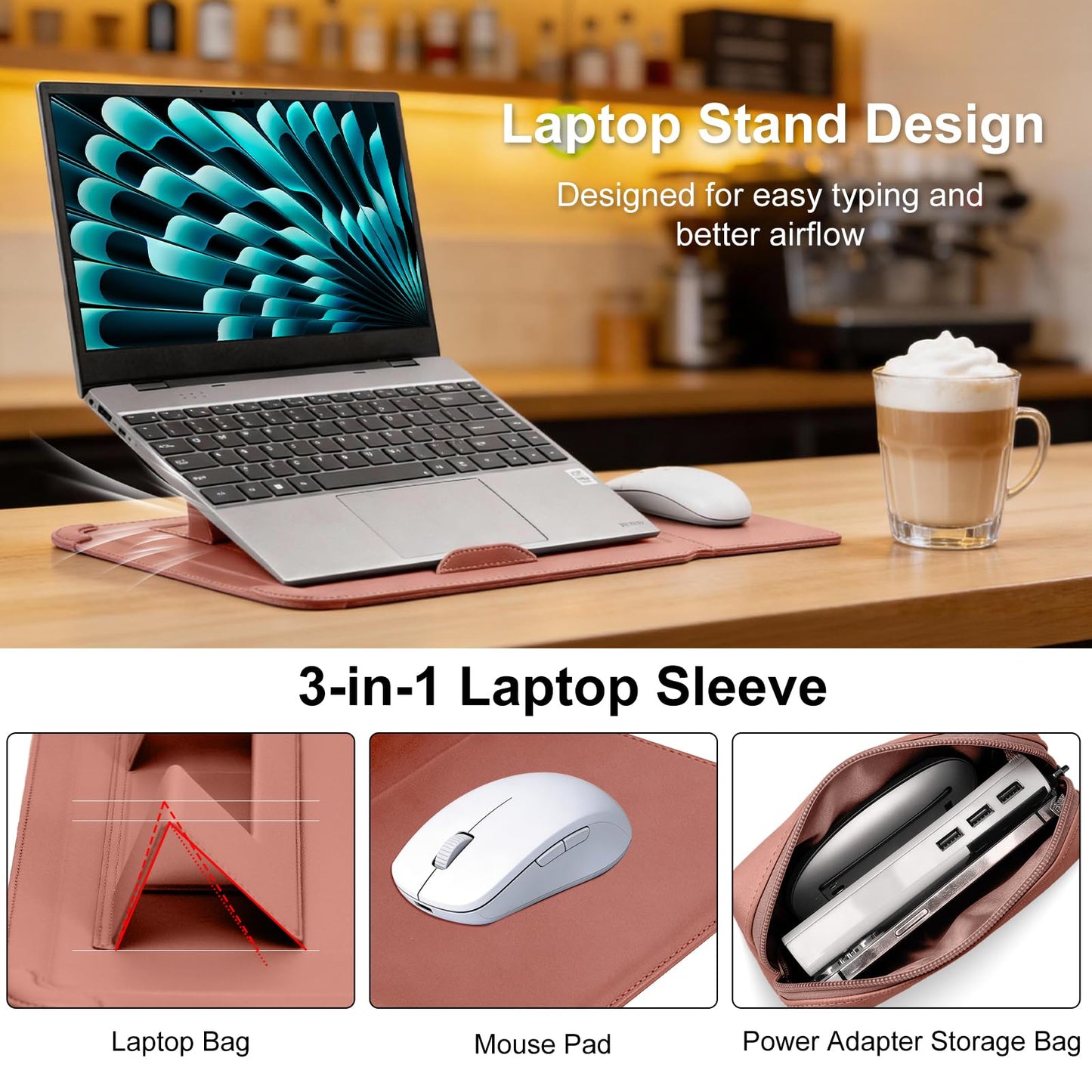 RoYiio 13-13.3-14 Inch Laptop Sleeve Case with Stand Feature Cover PU Leather Slim Bag for MacBook Pro 14" M5/M4/M3/M2/M1 & Pro/Max, MacBook Pro 13" M2/M1, MacBook Air 13" M5/M4/M3/M2/M1 (Dark Pink)