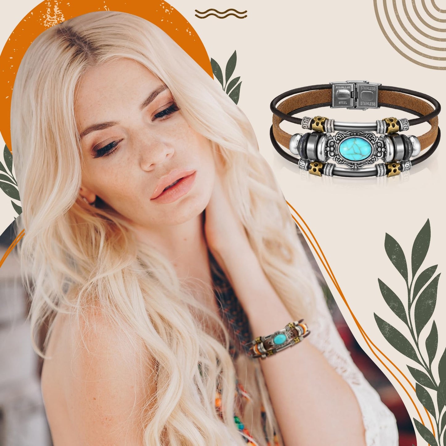 Sasylvia 6 Pcs Turquoise Bracelet for Women Leather Bracelet Western Jewelry for Women Multilayer Boho Cuff Bangle Set(Classic)