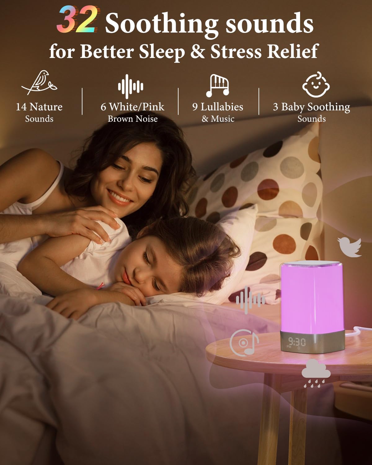 Sound Machine White Noise Machine with 32 Soothing Sounds, Bluetooth Speaker Alarm Clocks for Bedrooms with Wake up Light, Night Light for Kids, App Control Birthday Gifts for Teenage Girls Boys Women