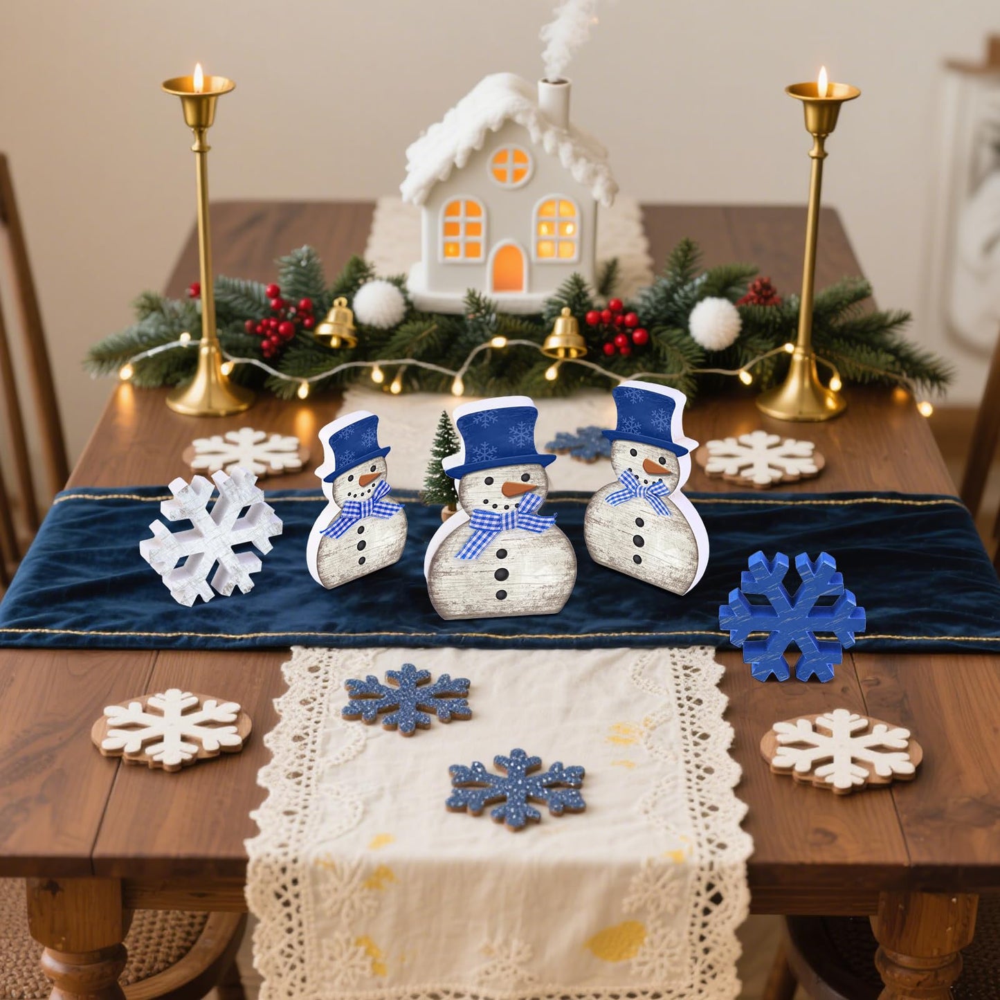 Yousoontic 5 Pcs Winter Table Decor Wooden Snowman Blue and White Snowman Snowflake Tiered Tray Decor Christmas Table Centerpiece Snowflake Signs Winter Decorations for Home Kitchen Office