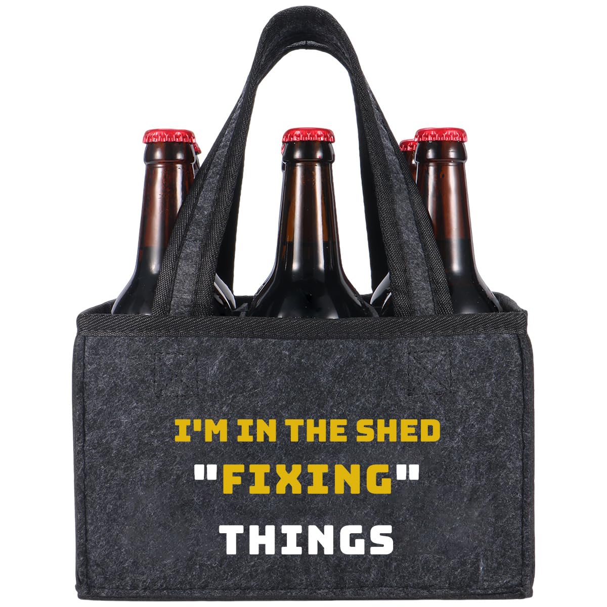 Felt Bottle Carrier for Men, Funny Garage Man Cave Gift, Birthday Gift for Dad, Husband, Boyfriend, Beer Lover, Backyard BBQ & Party Drink Carrier, 6-Bottle Beer Tote with Handle