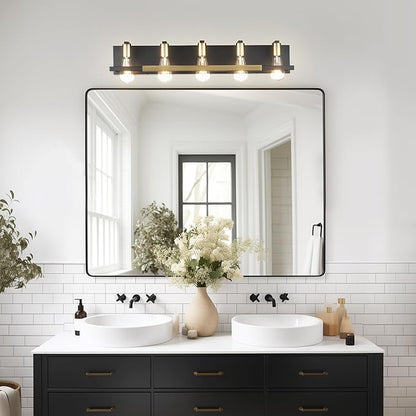 Hamilyeah 5 Light Bathroom Vanity Light Fixture Black and Gold, 32 inch Vintage Bathroom Lighting Fixture Over Mirror, Industrial Wall Mounted Lighting for Living Room, Dining Room