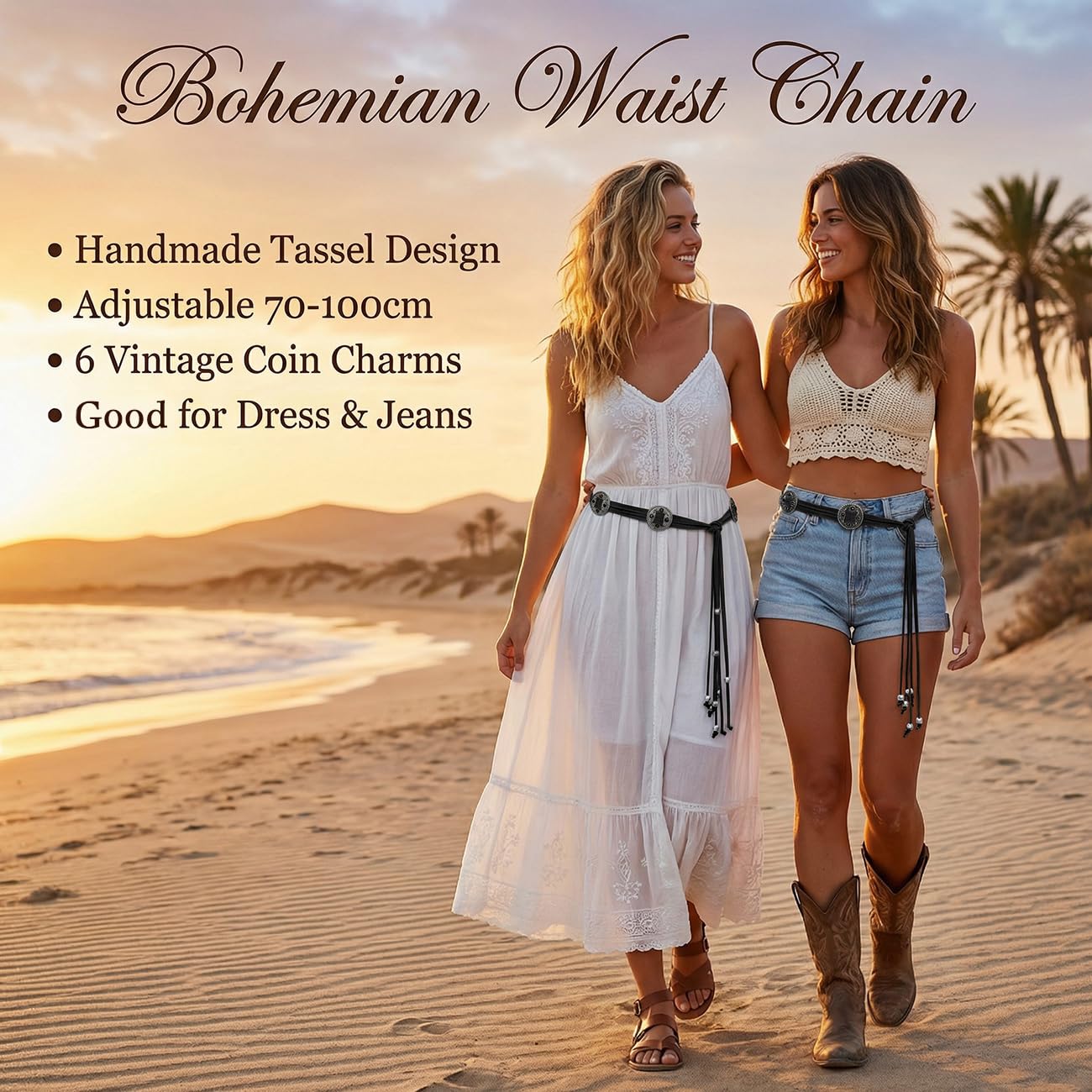 Buywis Women Knotted Waist Belt Bohemian Style Tassel Belt Vintage PU Leather Belts for Dresses Black Fit Waist 27.6"-39.4"