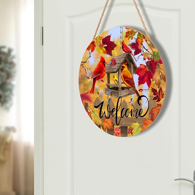 Harooni Fall Cardinal Sign for Front Door Decor, Autumn Maple Leaves Wood Door Hanger for Outdoor Outside Porch, Thanksgiving Farmhouse Wooden Wreath Indoor Wall Hanging Decoration 12"x12"
