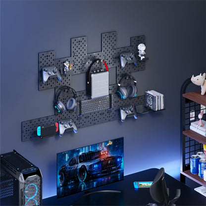 PEGZONE Controller and Headphone Holder Wall Mount, Modular Gaming Pegboard with Accessories, Controller Stand for Xbox PS5 PS4 Switch, Video Game Storage, Disc Shelf Organizer, 14pcs Pegboard, Black
