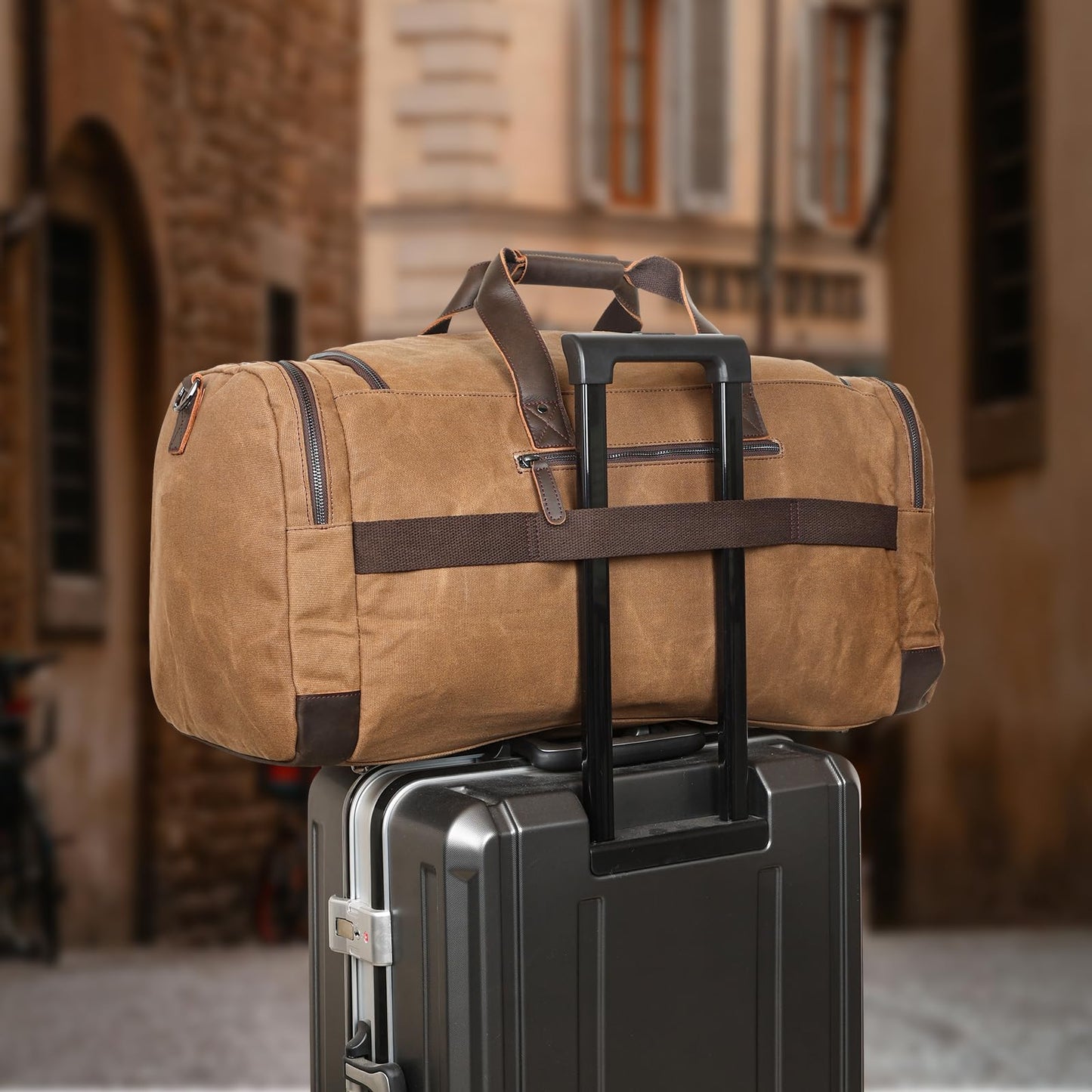 Polare 26” Waxed Canvas Cowhide Leather Waterproof Travel Duffel Bag Trim Luggage Weekender Overnight Carry on Hand Bag (Brown-26")