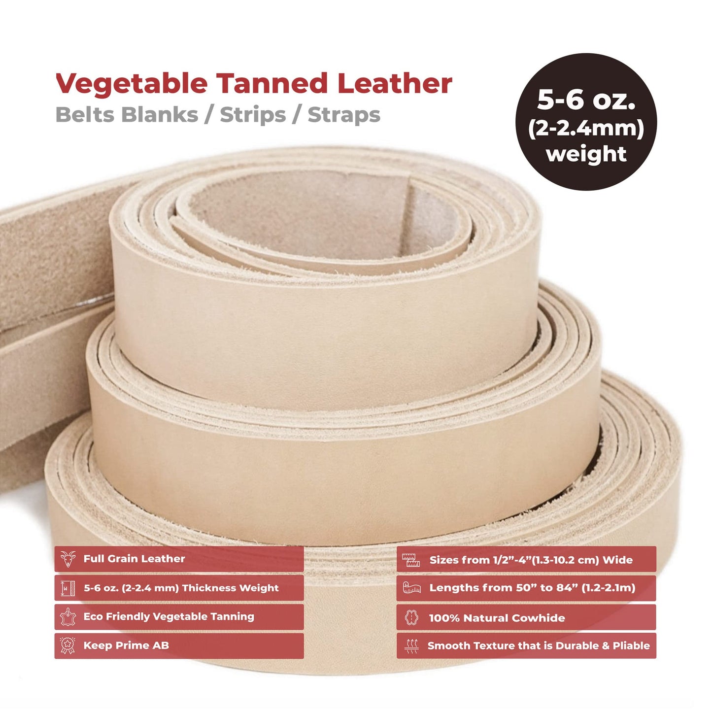 ELW Leather Blank Belt | 5-6 Oz. (2-2.4mm) Thickness | Size: 1"x60" (2.54x152cm) | Cowhide Vegetable Tanned | Full Grain Strip, Strap | Ideal for DIY Belts for Tooling, Crafting, Stamping, Dyeing