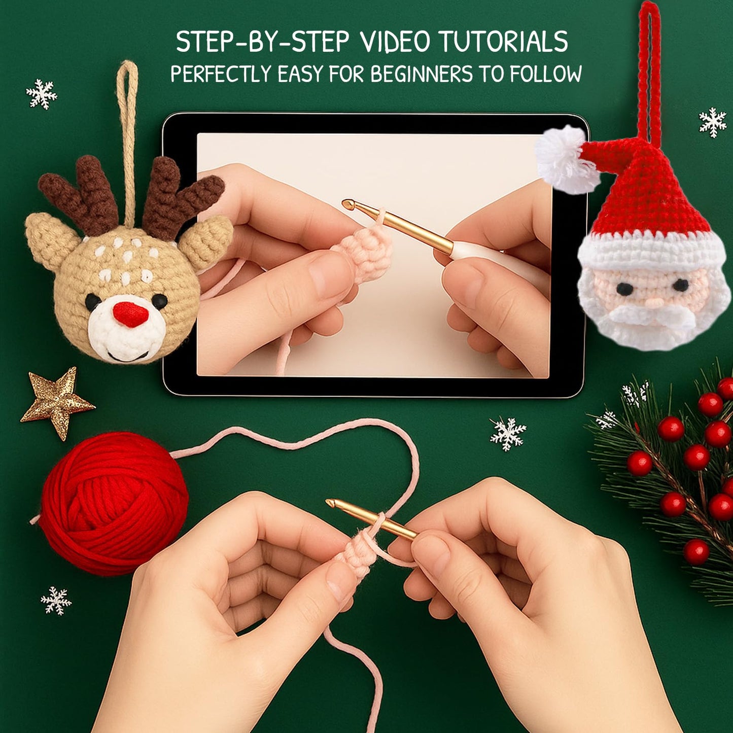 HOUSE CREATIVITY Christmas Crochet Kit for Beginners – Make Santa Claus & Reindeer Ornaments, Amigurumi Crochet Starter Kit with Video Tutorial, Yarn & Hook, DIY Holiday Tree Decor Gift