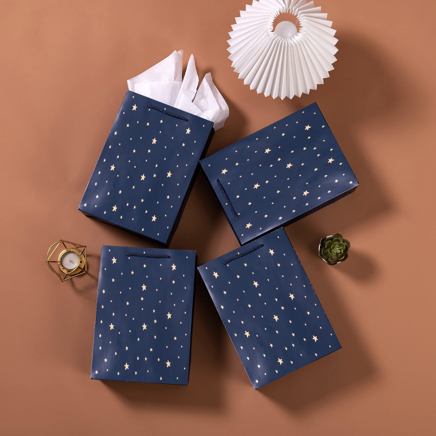 SHIPKEY Gift Bags, 10 Pack Navy Blue with Gold Foil Stars, Kraft Paper Bags with Handles, Bulk for Men, Groomsmen, Christmas Gifts, 8x4x11inch, Includes Tissue Paper