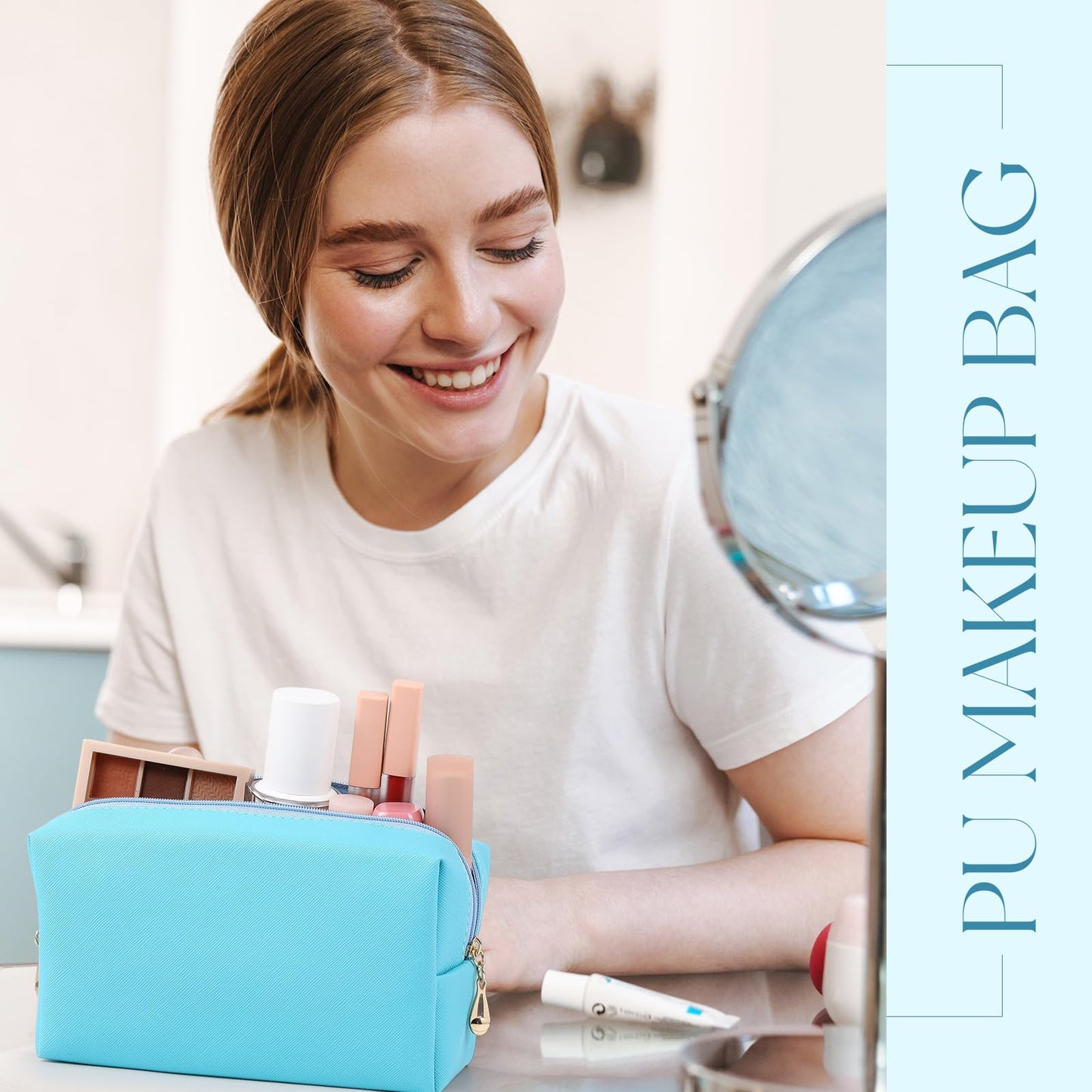 Kigeli Aesthetic Makeup Bags PU Leather Cosmetic Pouches Waterproof Plain Toiletry Bags Makeup Pouches Bulk for Women Party Gift Travel Storage Organizer(Blue Teal,7.1 x 2.8 x 4.3 in)