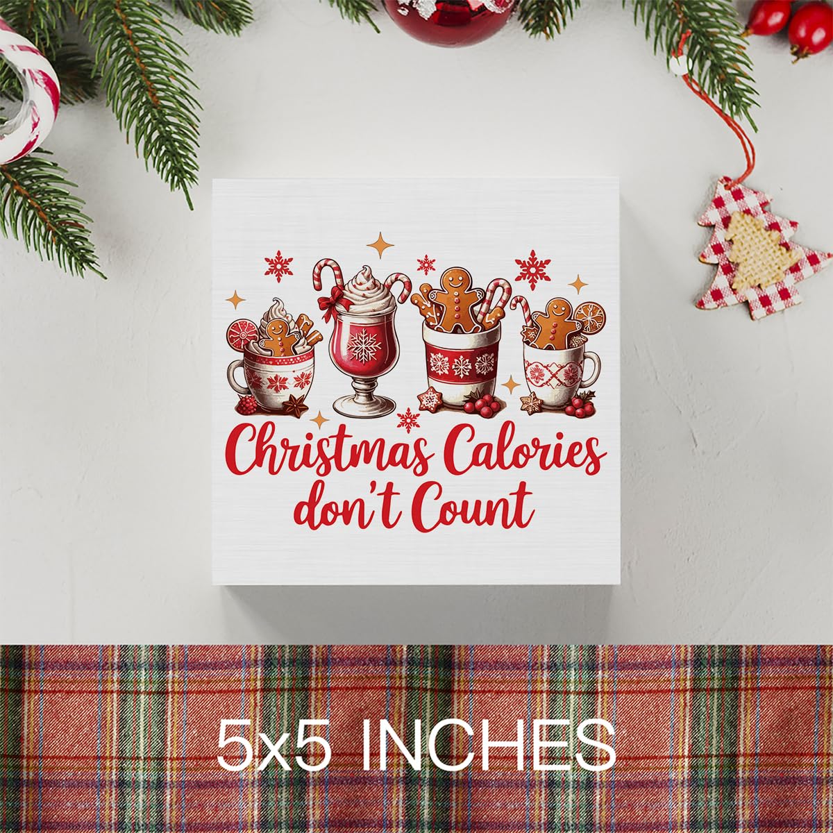 Christmas Kitchen Decorations, Hot Cocoa Sign Gingerbread Home Decor for Table Shelf, Christmas Calories Don't Count Sign 5 x 5 inch
