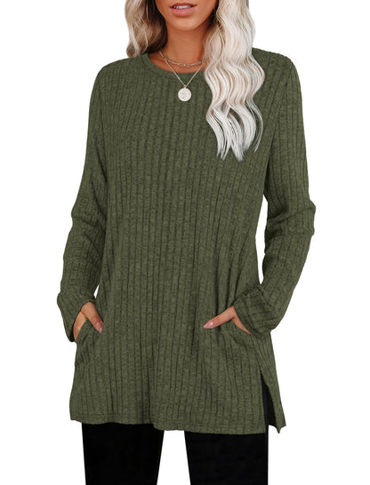 SAMPEEL Womens Sweaters Crewneck Long Sleeve Shirts with Pockets Fall Outfits 2025 Fashion Winter Clothing Side Slit