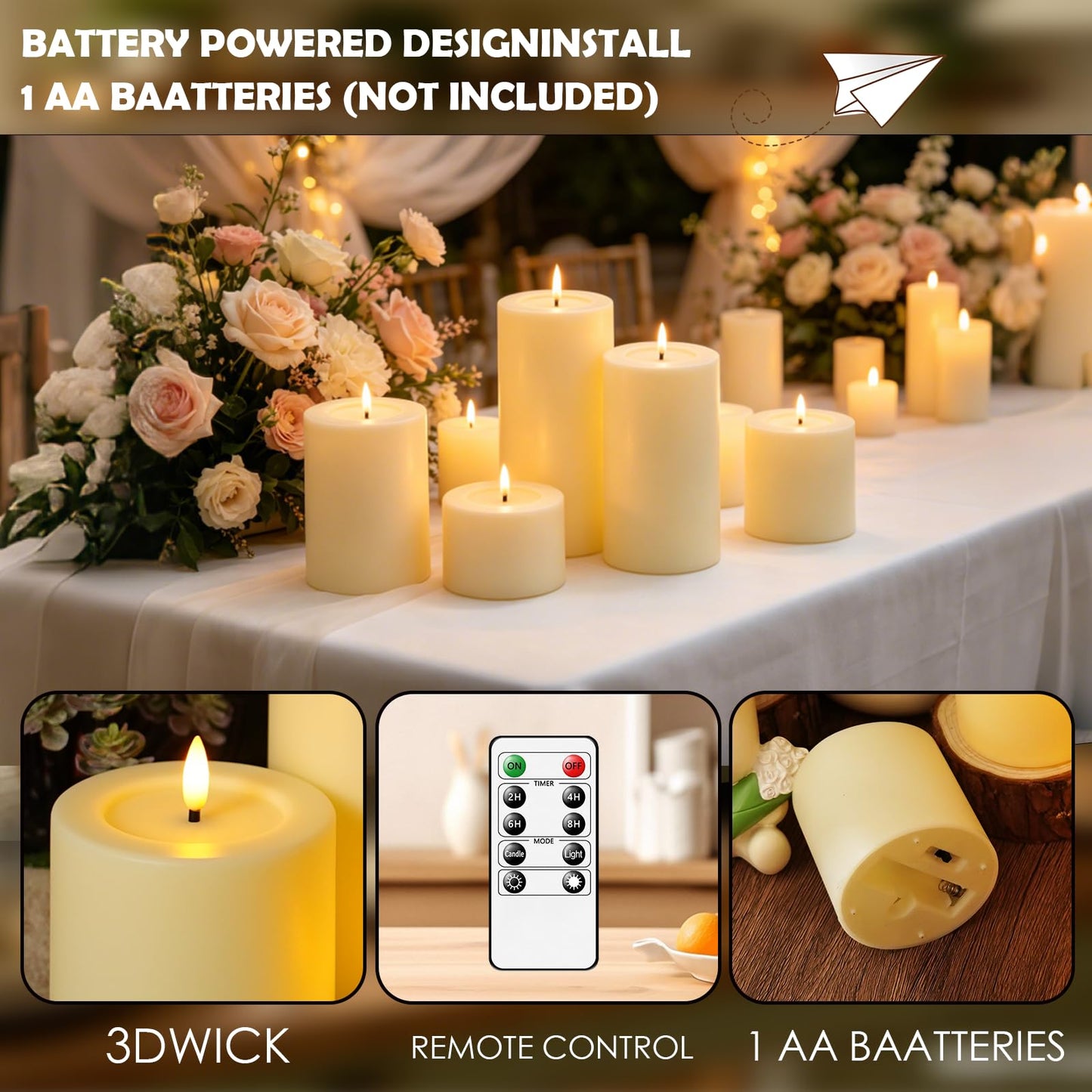 kakoya 5 Pack Flickering Flameless LED Candles with Remote,D3 x H3/4"/5"/6"/7" Battery Operated Pillar Candles Only Need 1 AA Battery Each for Home Wedding Holiday Decor,Ivory