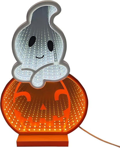 LED Halloween Pumpkin Light, Cute Neon Pumpkin and Ghost Sign Decor,11.57 Inch Halloween 3D Infinity Lights with USB Powered for Table, Room, Party Decoration