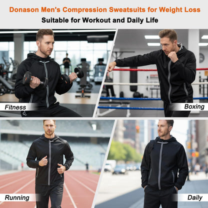 Donason Men's Sauna Suit Full Body Sweat Suit with Hood for Weight Loss Durable Jacket and Pants for Gym Workout Body Shaper Heat-Trapping Fitness Shapewear Long Sleeve Tracksuit with Zipper