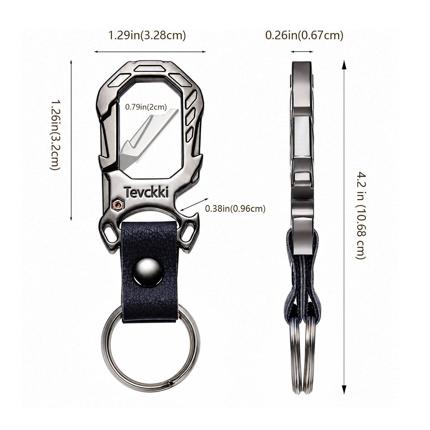 Tevckki Tactical leather keychains Carabiner Car Key Chains Bottle opener .Metal Clip Keychain with Anti-Lost 2 Key Rings Universal for men and women.(Black)
